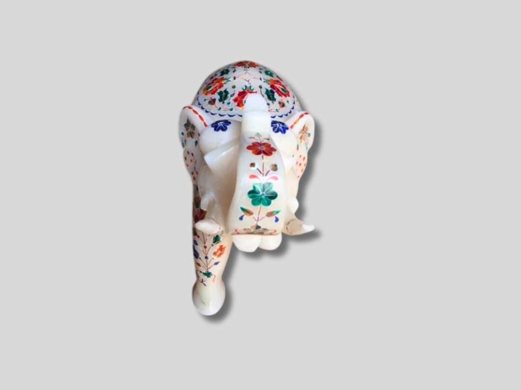 Floral Marble Trunk Up Elephant Statue Multi Semi Precious Inlay Stone 